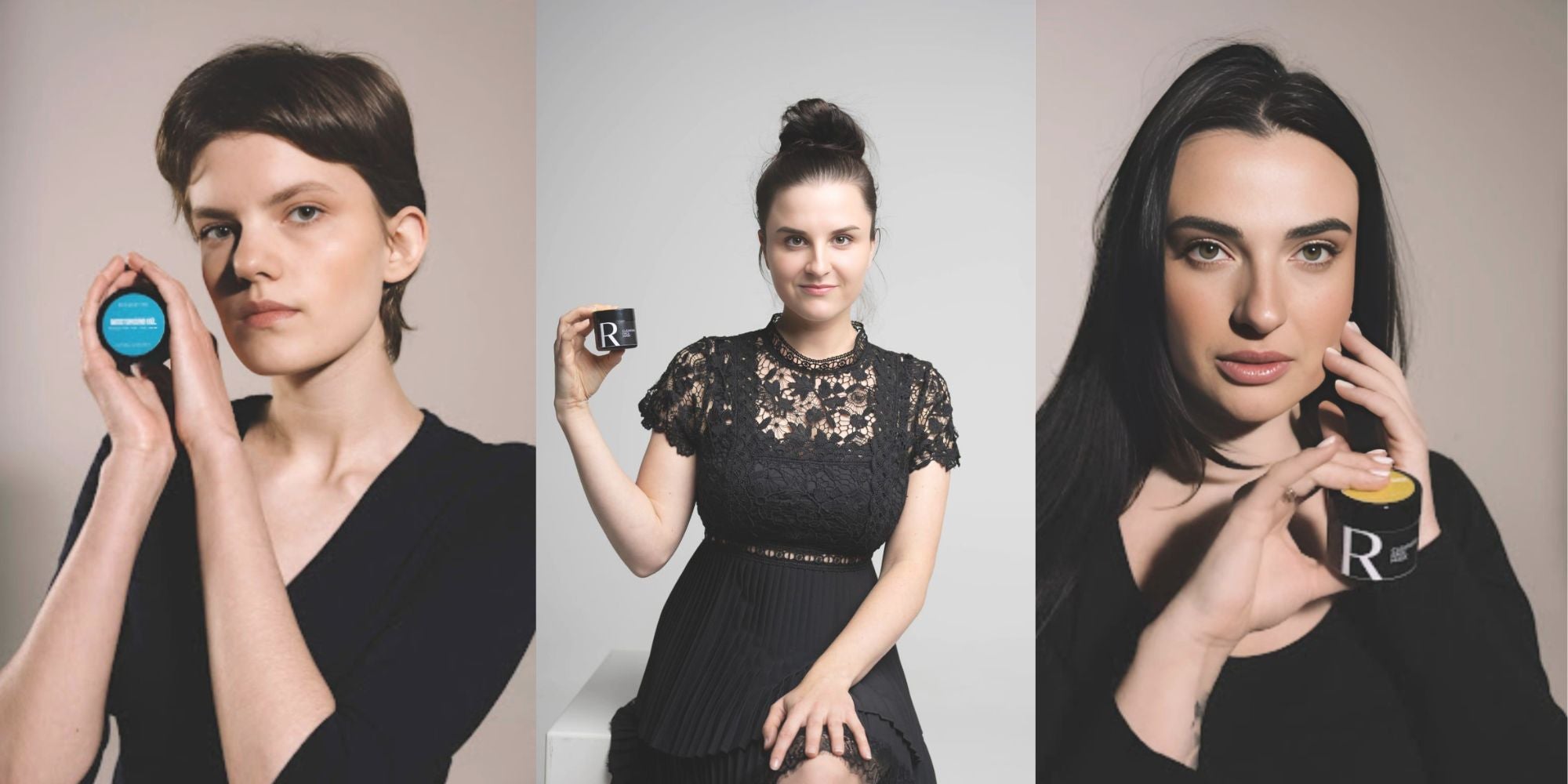 Three different women all in black holding reparative skin care products