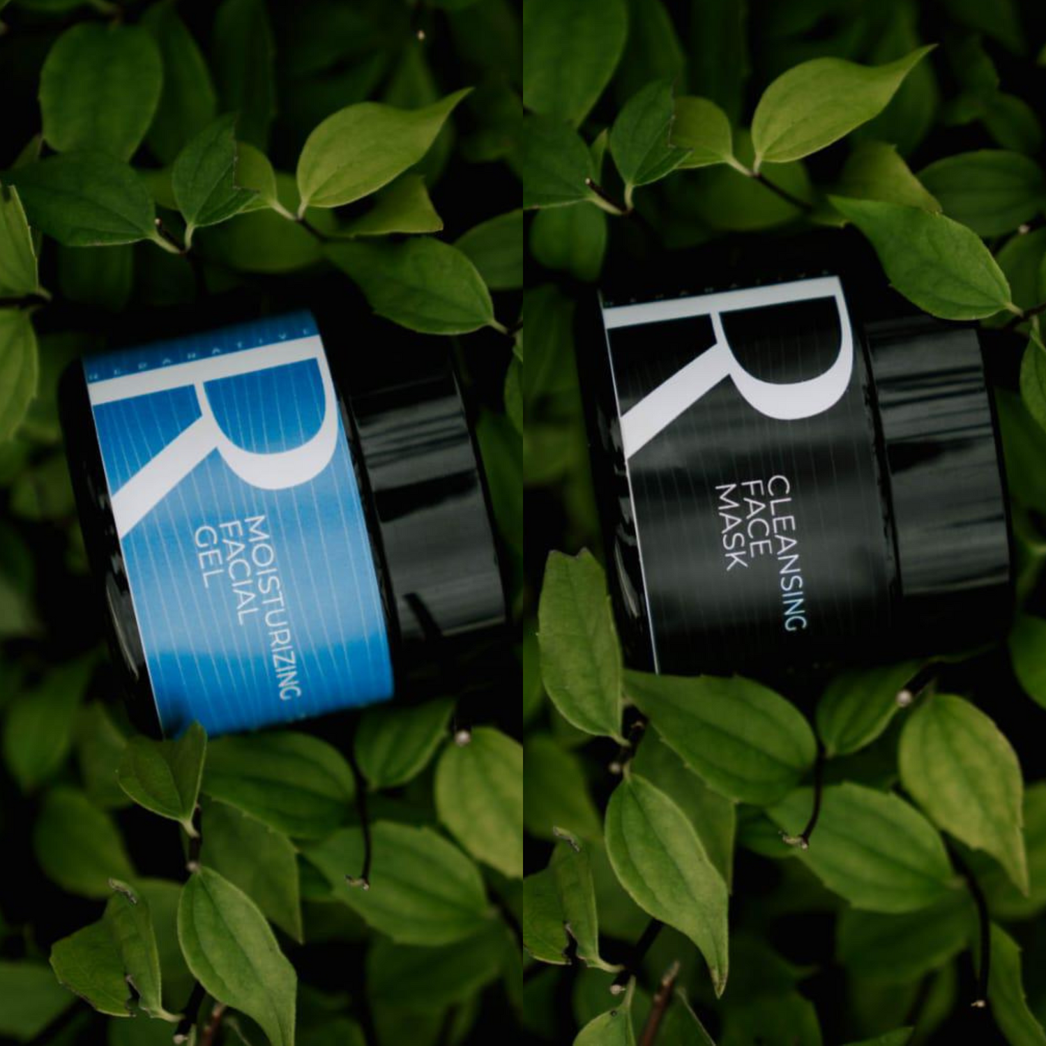 Two reparative skin care products placed in grass