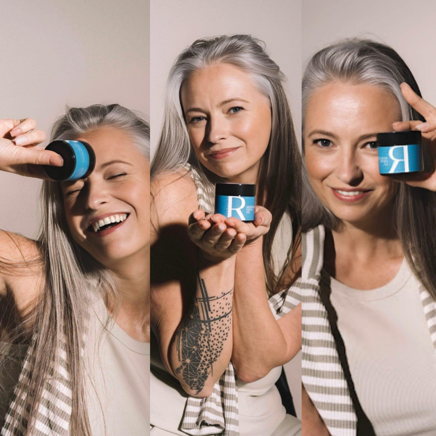 Blonde women holding reparative scincare products in three positions